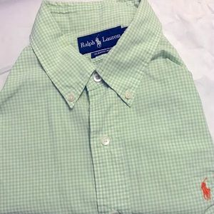 Polo by Ralph Lauren. Short sleeve shirt. Checkered white and lite green.